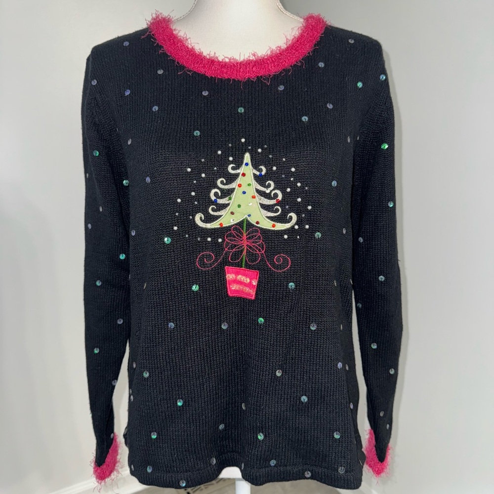 Mandal Bay Black Christmas‎ Sweater Pink Trim Sequin Embroidered Tree M